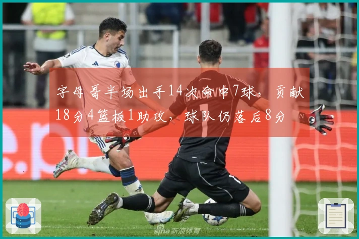 字母哥半场出手14次命中7球，贡献18分4篮板1助攻，球队仍落后8分